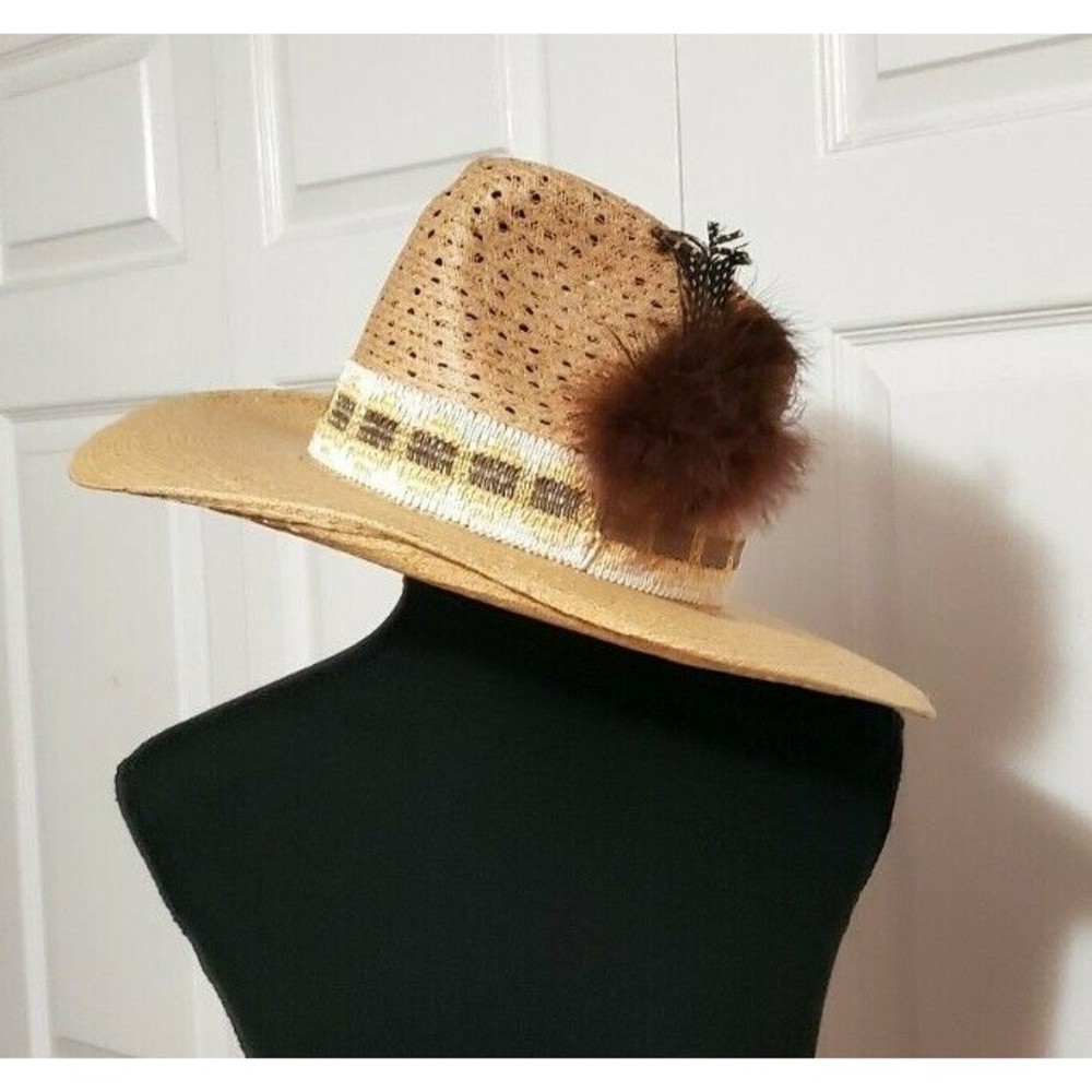 HUSH PUPPIES Mens Western Straw Cowboy Hat Band Wide Brim Feathers Sz 6 3/4 EUC